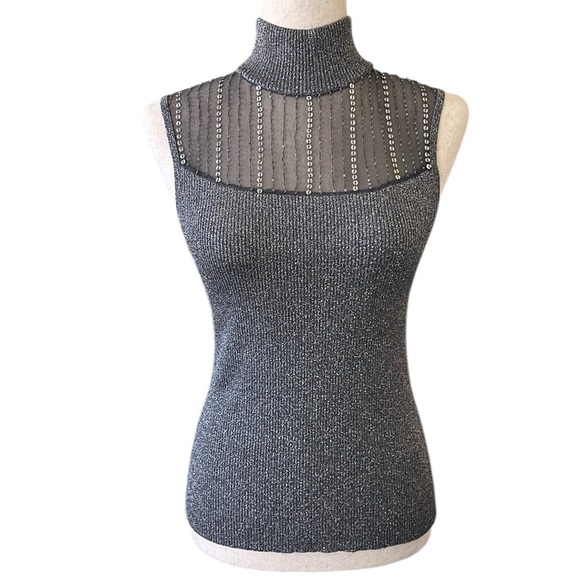 Cable & Gauge Silk Sleeveless Silver Mock Neck - Picture 5 of 6